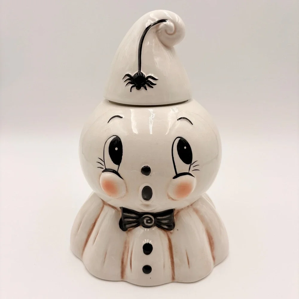 Johanna Parker Ceramic Ghost Canister Halloween Cookie Jar with Spider Hat